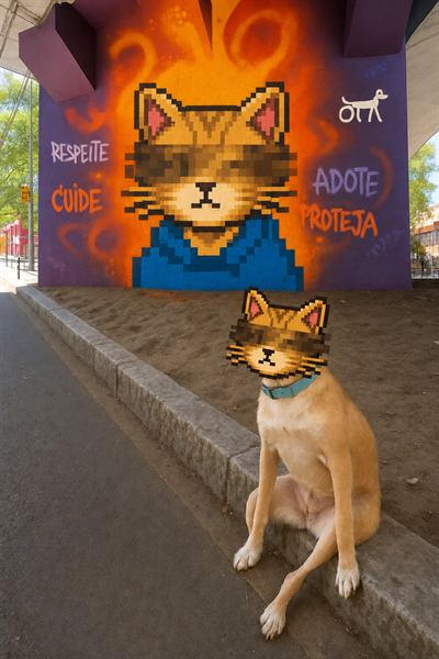 The cat in front of a painted wall
